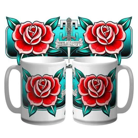 Neo Traditional Rose Tattoo Flash Premium 15oz Coffee Mug – Australian-Made Cooltown Customs Collectible