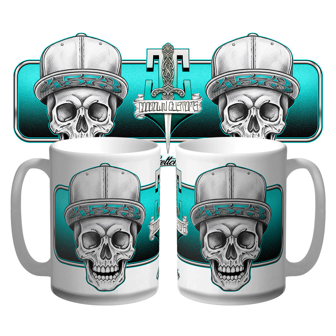 Neo traditional skull tattoo flash coffee mug, Australian-made, hand-illustrated by Geltchy, Cooltown Customs collectible.