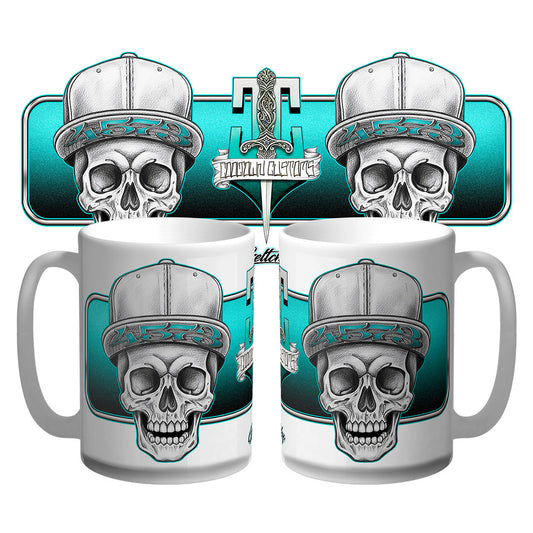 Neo traditional skull tattoo flash coffee mug, Australian-made, hand-illustrated by Geltchy, Cooltown Customs collectible.