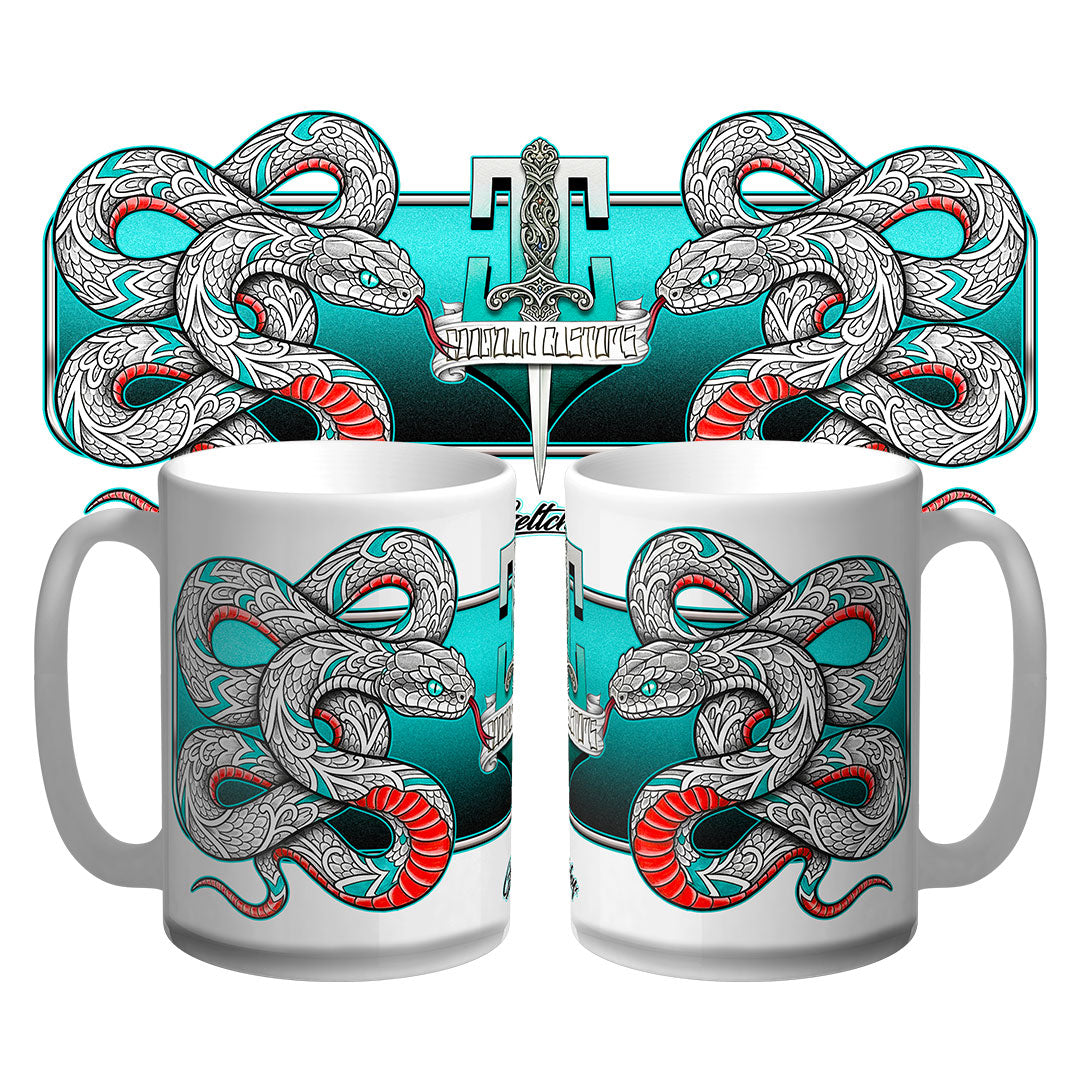 Neo traditional snake tattoo flash 15oz coffee mug, Australian-made collectible by Geltchy, Cooltown Customs limited edition.
