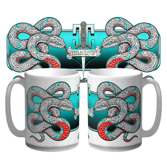 Neo traditional snake tattoo flash 15oz coffee mug, Australian-made collectible by Geltchy, Cooltown Customs limited edition.