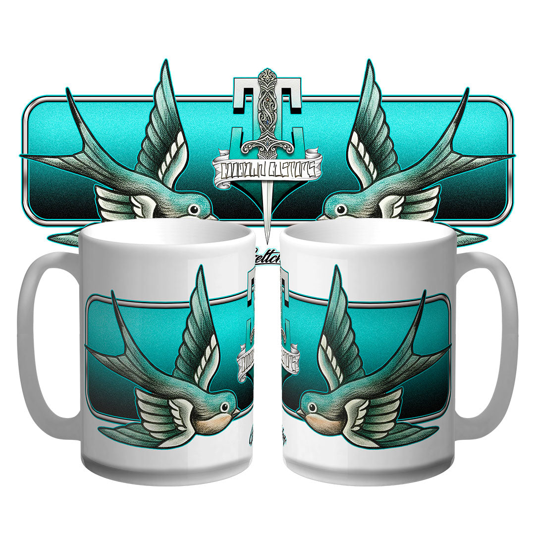 Neo traditional swallow tattoo flash premium 15oz coffee mug, Australian-made collectible by Geltchy, Cooltown Customs