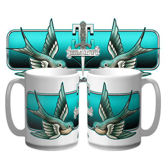 Neo traditional swallow tattoo flash premium 15oz coffee mug, Australian-made collectible by Geltchy, Cooltown Customs