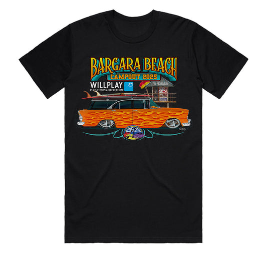 Official Rum City Rods Customs Bargara Beach Campout 2025 mens black t-shirt front featuring custom orange EK Holden wagon with flame job and Bargara lifeguard tower artwork by Geltchy