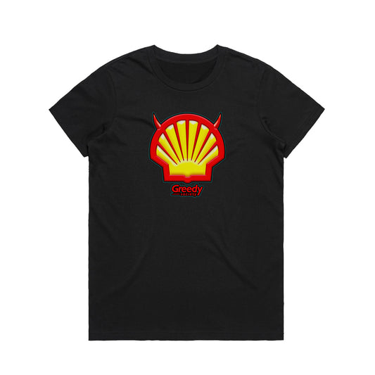 Political Satire Shirt Australia Greedy Society women’s black Shell parody tee, 180 GSM combed cotton regular fit.