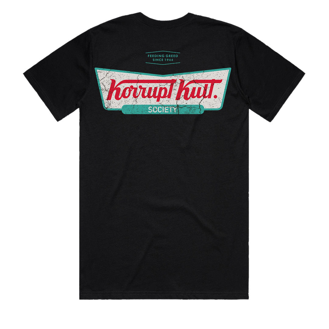 Retro logo t-shirt Korrupt Kult Society men’s black graphic tee back view distressed logo print
