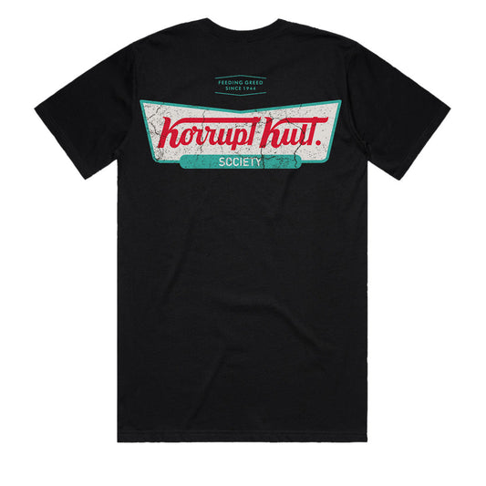 Retro logo t-shirt Korrupt Kult Society men’s black graphic tee back view distressed logo print