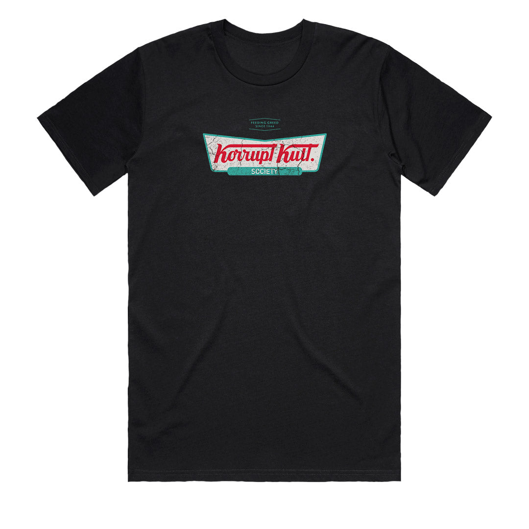 Retro logo t-shirt Korrupt Kult Society men’s black graphic tee front view