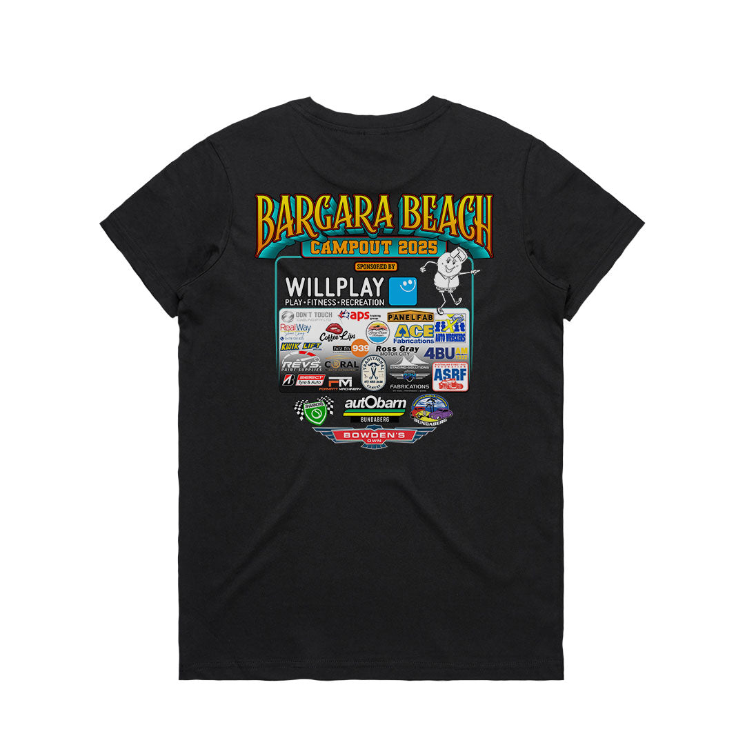 Back view of Rum City Rods Bargara Beach Campout 2025 womens black t-shirt showing event sponsors logos and Australian made quality construction