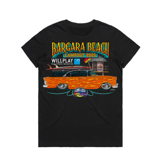 Official Rum City Rods Bargara Beach Campout 2025 womens black t-shirt front featuring custom orange EK Holden Wagon with flame job and lifeguard tower design by Geltchy