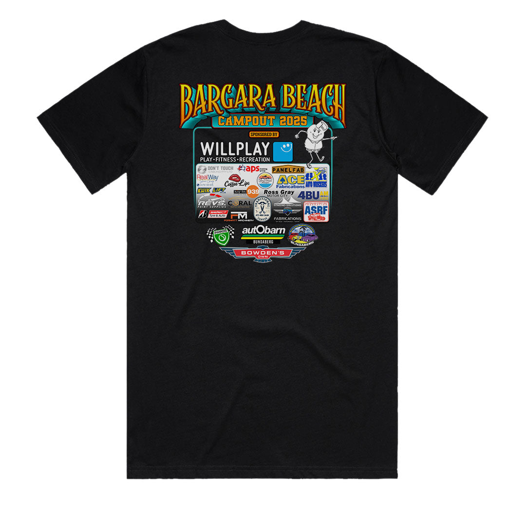 Back of Rum City Rods Customs Bargara Beach Campout 2025 black t-shirt showing official event sponsors and logos for October 2025 hot rod beach campout