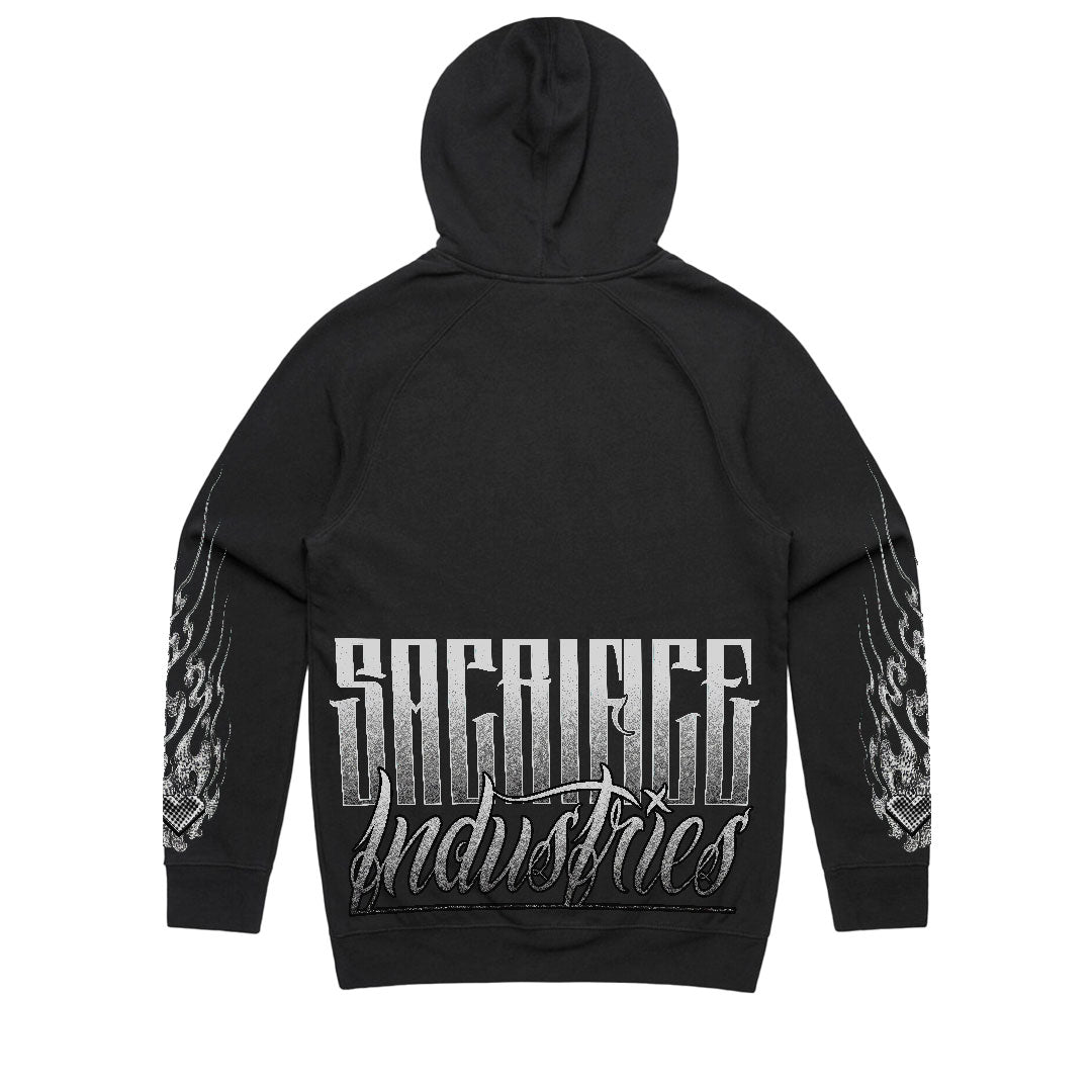 SACRIFICE Industries Homura Pullover Hoodie back view with oversized logo print