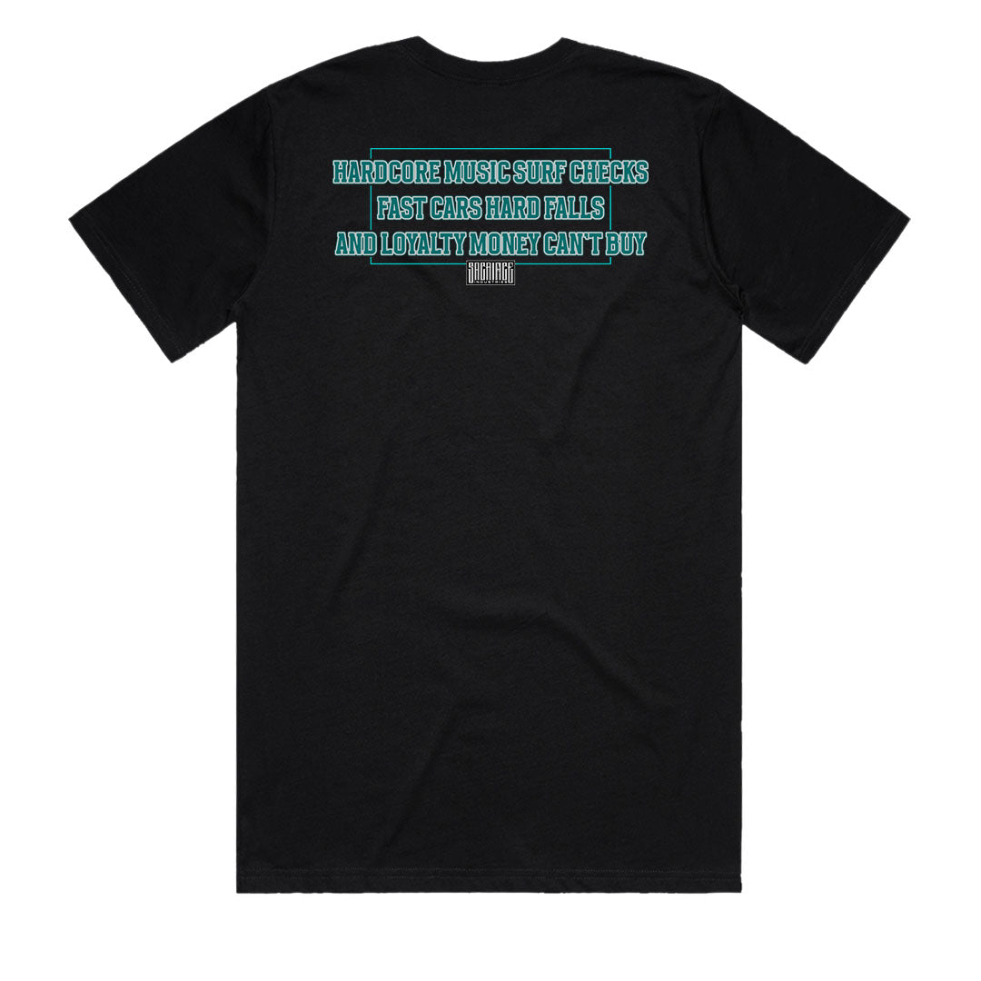 Sacrifice Industries t-shirt back print slogan on men’s black heavyweight tee
