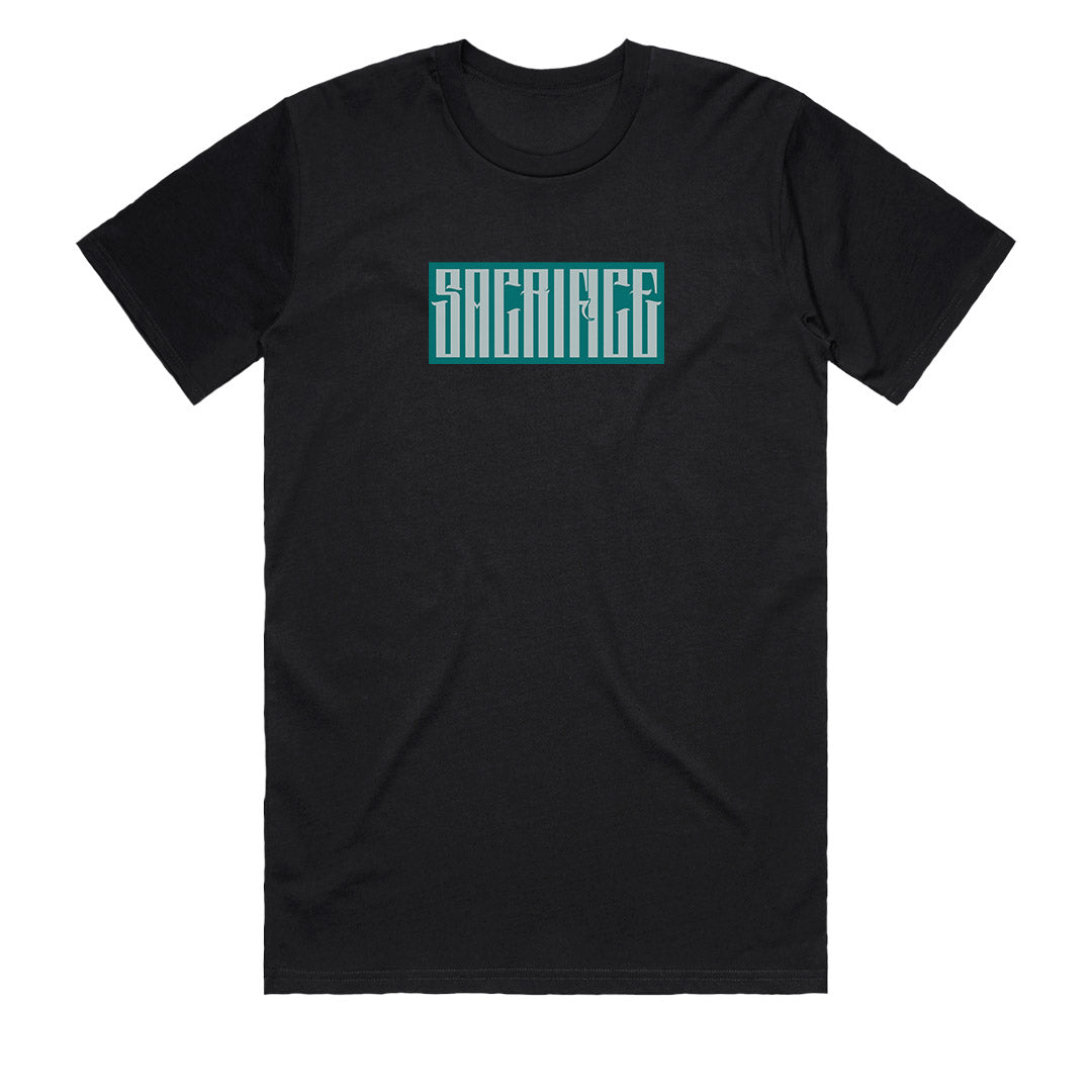 Sacrifice Industries t-shirt front logo on men’s black heavyweight tee