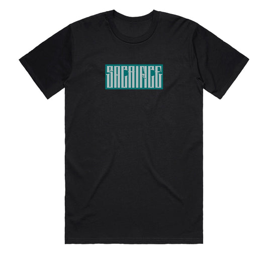 Sacrifice Industries t-shirt front logo on men’s black heavyweight tee