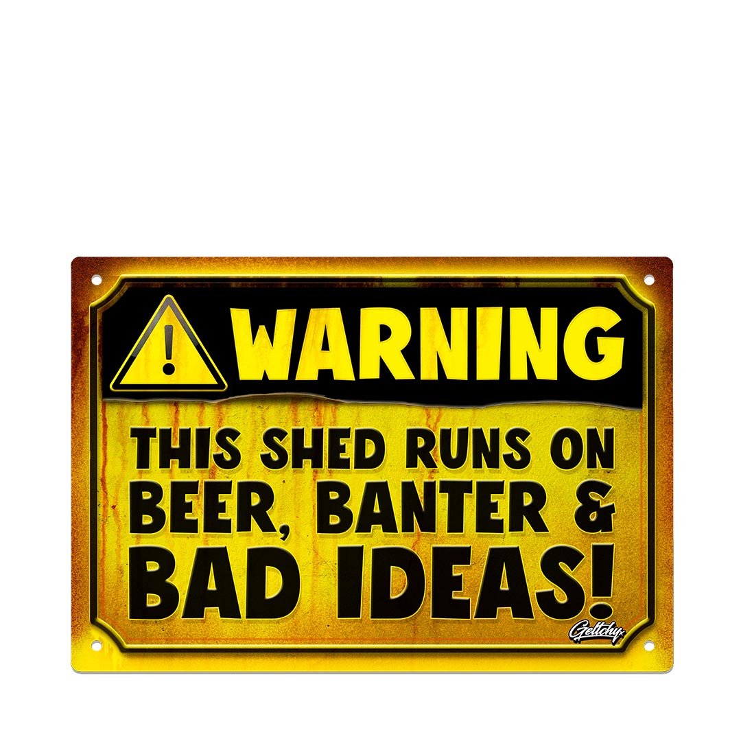 Shed sign with funny yellow warning design, premium aluminium man cave tin sign for garage wall décor in Australia