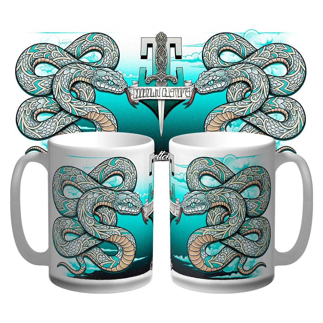 Hand-illustrated Snake Mug by Geltchy featuring neo traditional tattoo art, limited edition 15oz ceramic, Australian-made