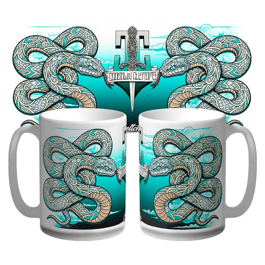 Hand-illustrated Snake Mug by Geltchy featuring neo traditional tattoo art, limited edition 15oz ceramic, Australian-made
