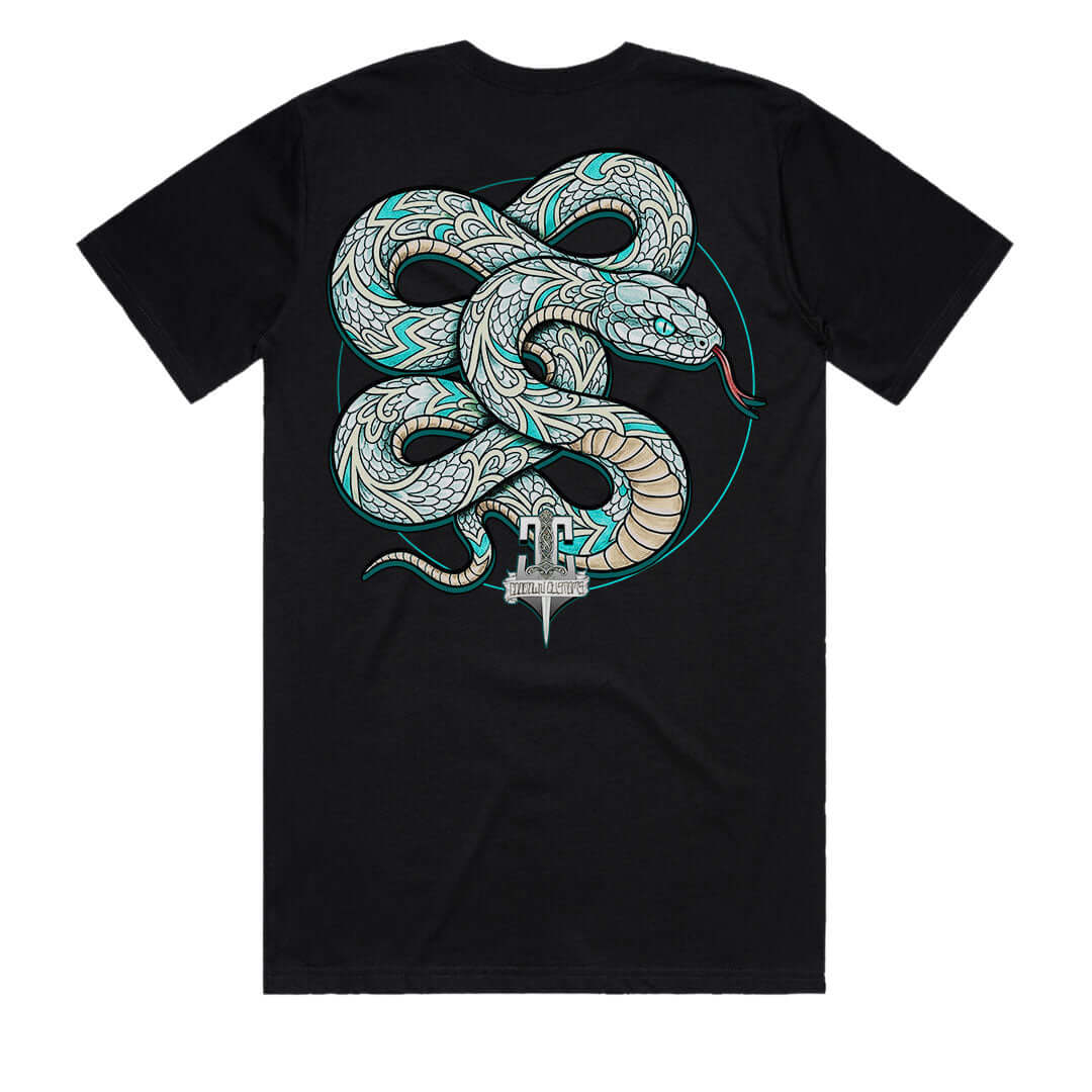 Back view of Snake Tattoo Tee men’s neo traditional black t-shirt featuring large hand-drawn snake tattoo flash art by Geltchy, Cooltown Customs