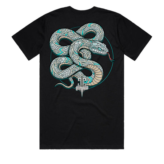 Back view of Snake Tattoo Tee men’s neo traditional black t-shirt featuring large hand-drawn snake tattoo flash art by Geltchy, Cooltown Customs