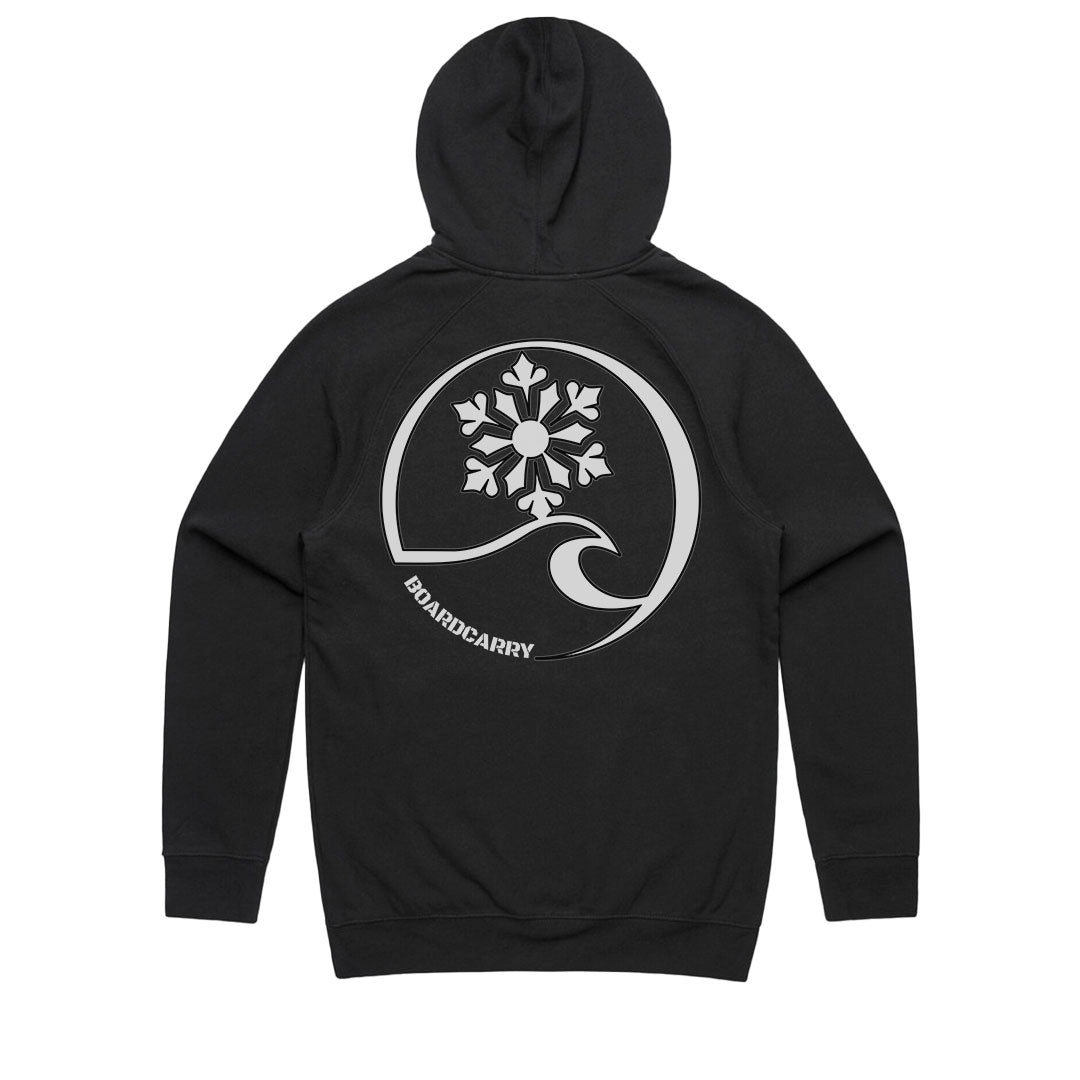 Snowboard hoodie black Boardcarry Whiteout back view large white logo