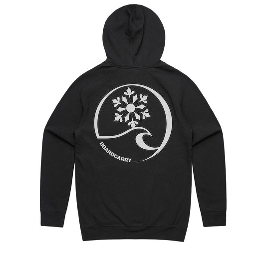 Snowboard hoodie black Boardcarry Whiteout back view large white logo