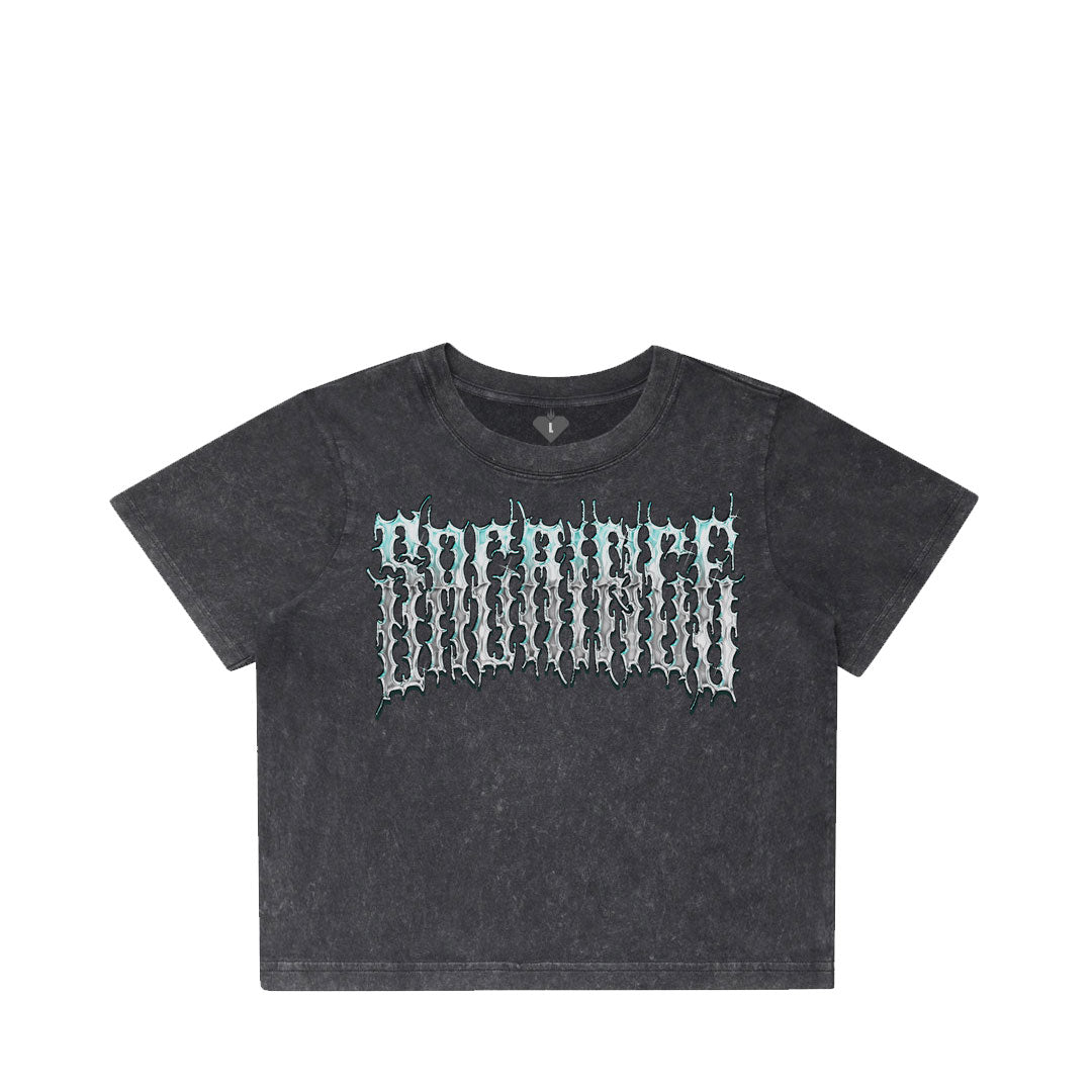 SPECTRE Women's Black Stonewash Crop Top 220GSM Front View - Cybersigilism Neo-Tribal Design by SACRIFICE Industries Australian Made Streetwear