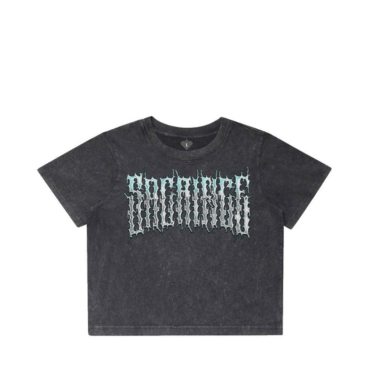 SPECTRE Women's Black Stonewash Crop Top 220GSM Front View - Cybersigilism Neo-Tribal Design by SACRIFICE Industries Australian Made Streetwear