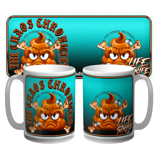 The Sunday SHITSHOW x Life Strife Chaos Chronicles 15oz ceramic coffee mug featuring Angry Poo design on turquoise background, hand-illustrated by Mark Geltch, Australian-made limited edition
