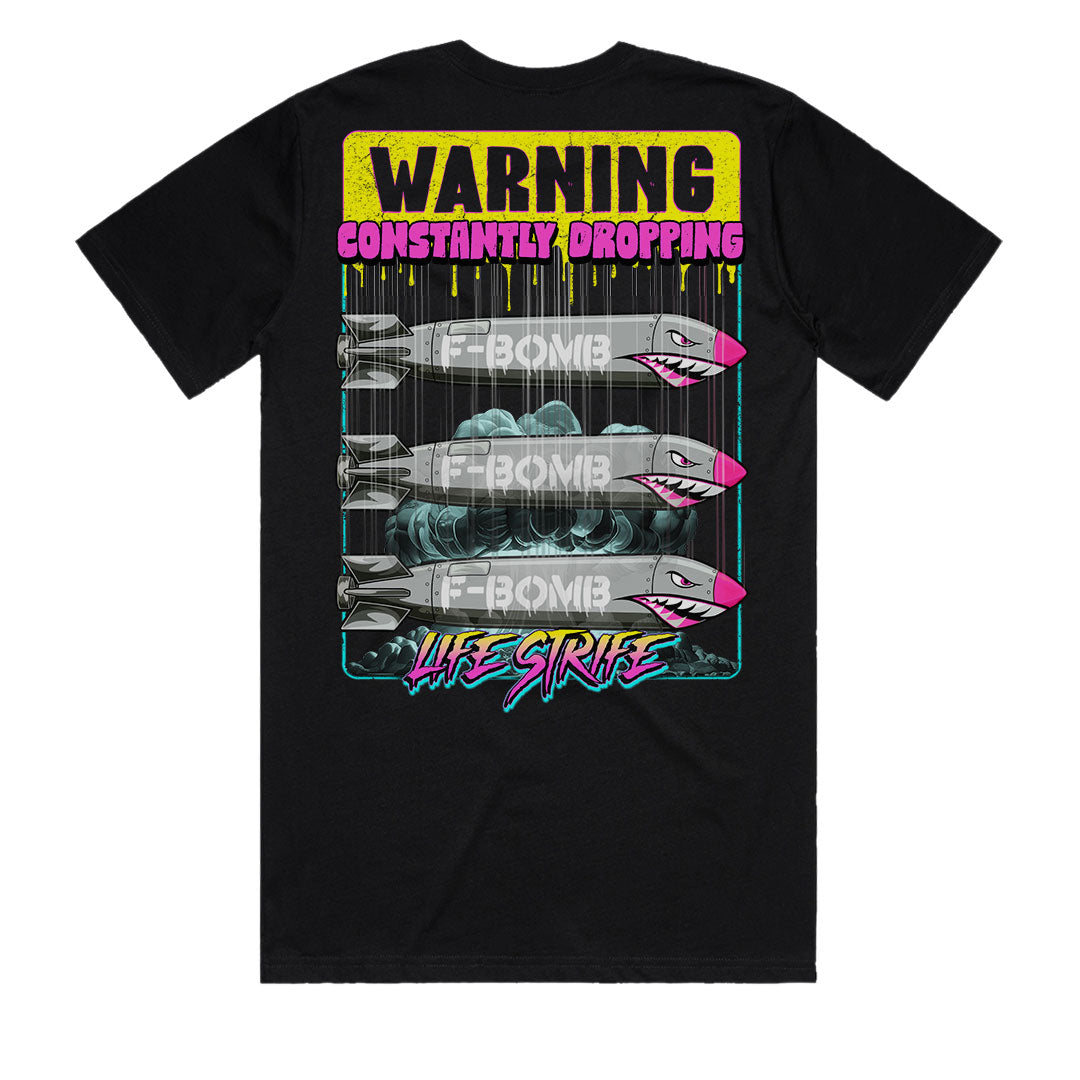 Swearing Humour T-shirt back view, Warning Constantly Dropping F-Bombs funny men’s t-shirt by Life Strife Australia