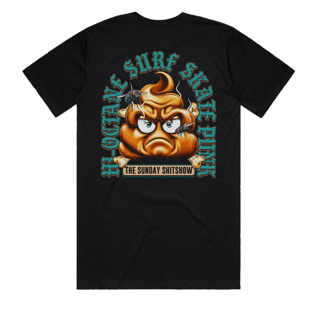 The Sunday SHITSHOW t-shirt back view with HI-OCTANE surf skate punk graphic and Angry Poo crossbones logo