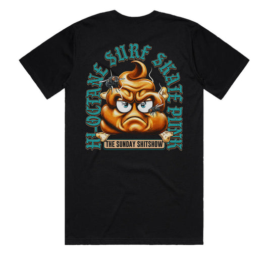The Sunday SHITSHOW t-shirt back view with HI-OCTANE surf skate punk graphic and Angry Poo crossbones logo