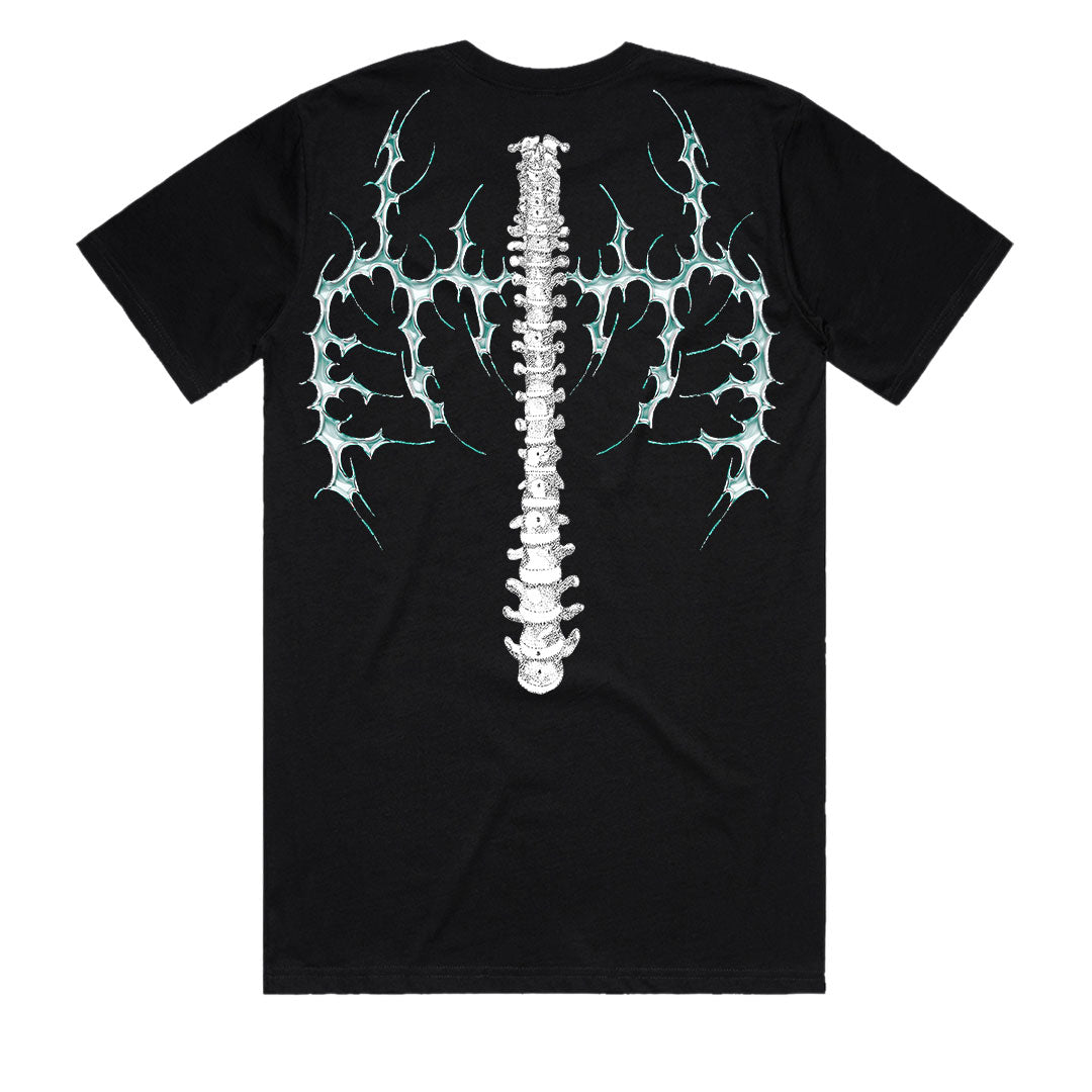 TOTEM Men's Black Heavy Cotton T-Shirt 220GSM Back View | Hand-Illustrated Backbone Neo-Tribal Graphic | SACRIFICE Industries Premium Australian Streetwear by @_xnotjoshx_