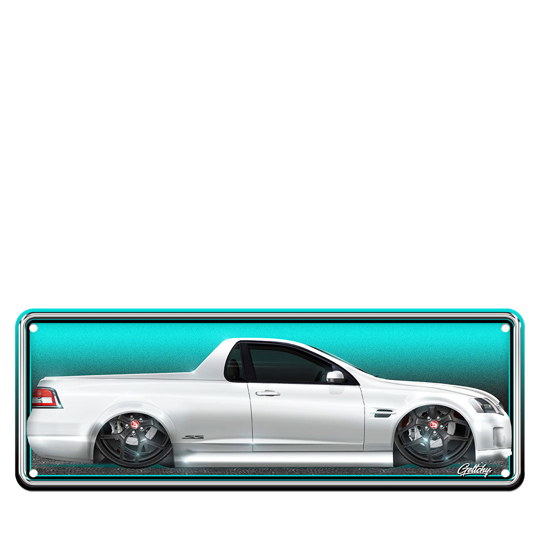 VE Commodore ute number plate sign in Heron White man cave wall decor (Australian standard size)