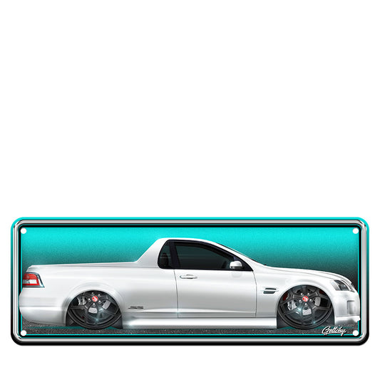 VE Commodore ute number plate sign in Heron White man cave wall decor (Australian standard size)