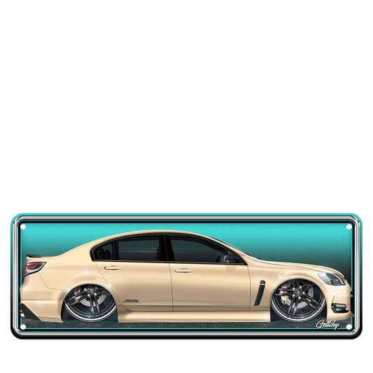 VF SS Commodore number plate in Champagne Beige with black trim, aluminium Holden man cave sign by Geltchy