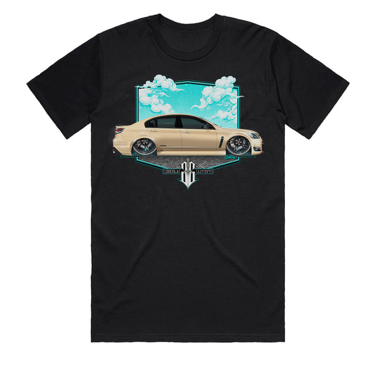 VF SS Commodore t-shirt, mens black Holden tee with hand-drawn champagne beige Commodore on big wheels, front view