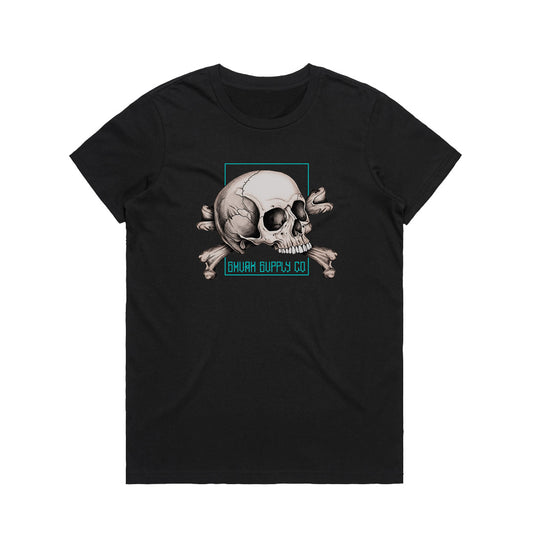 womens skull graphic tee No Mercy Doll black SMVRK Supply Co x Geltchy women’s alternative streetwear front view