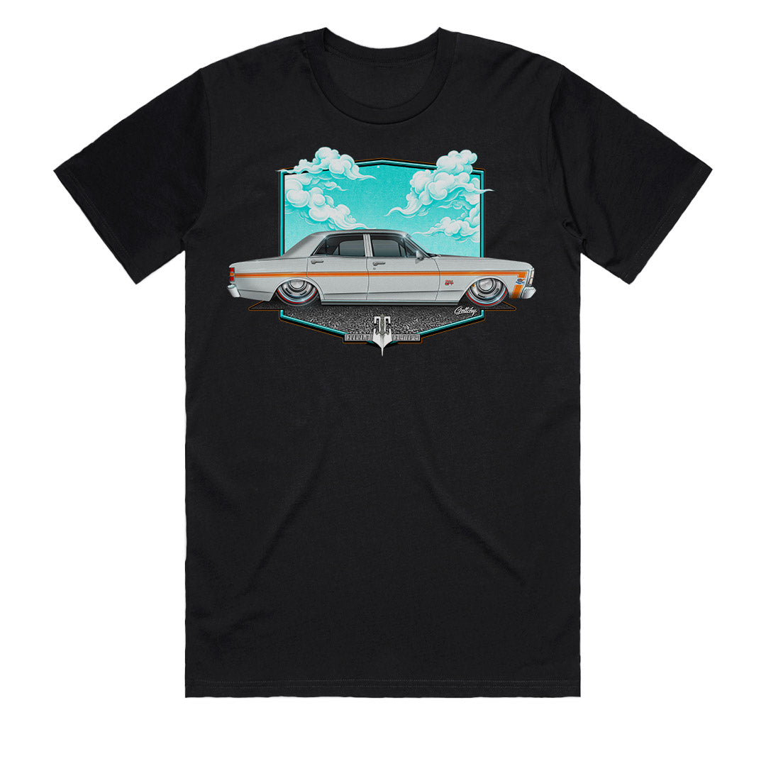XW Ford Falcon GT Silver Fox men’s t-shirt front view – hand-drawn automotive art by Geltchy, premium black, Australian made