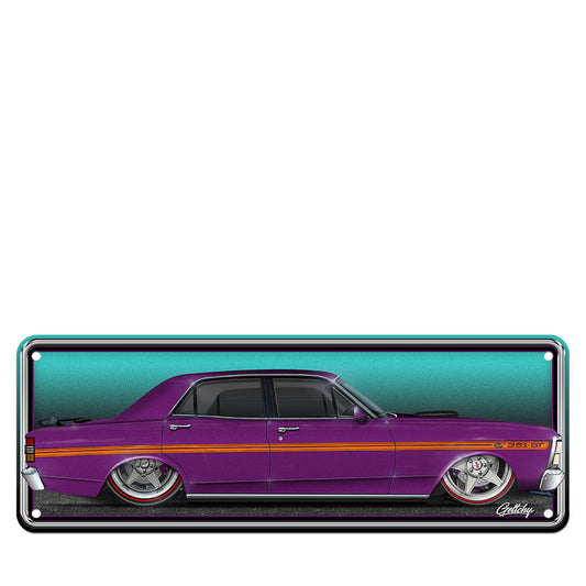 XY Ford Falcon GTHO number plate in Wild Violet Phase III auto art, 1mm aluminium, Australian made wall decor for Ford man cave.