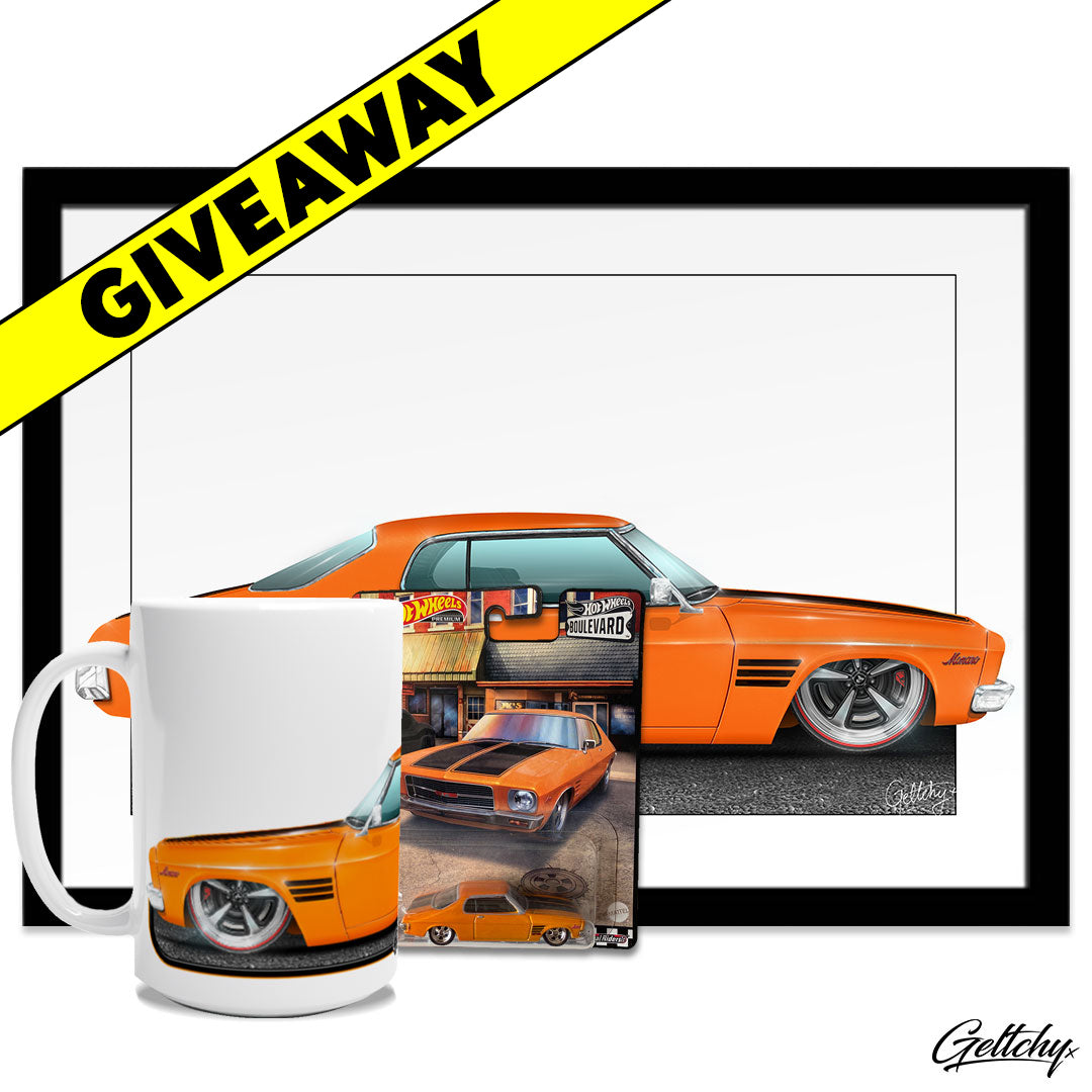 Geltchy | GIVEAWAY-HOT WHEELS 73 HOLDEN HQ MONARO GTS Rare and Collectable A3 Framed Artwork, Mug and #53 Hot Wheels Boulevard Premium Die Cast Metal Car Ultimate Collection