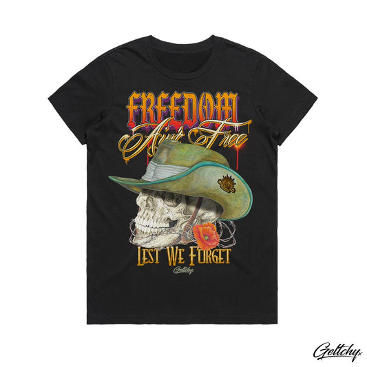 Geltchy | FREEDOM Ain't Free ANZAC Digger Womens Black Regular Fit Illustrated Skull Wearing Slouch Hat T-Shirt designed and printed in Australia
