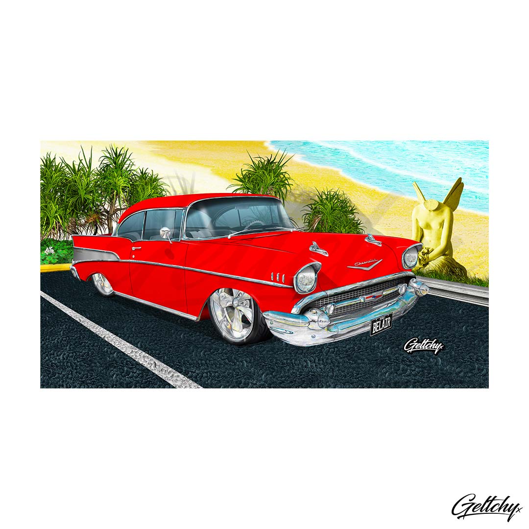 Geltchy | 1957 CHEVROLET Stubby Cooler Bel Air Red Street Machine Illustrated USA Classic Car Gift Artwork