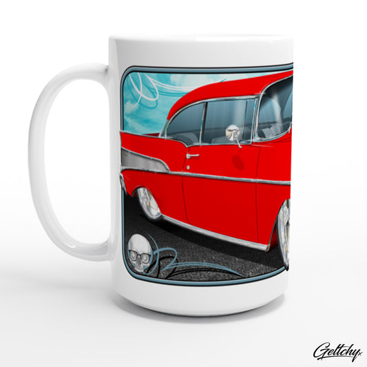 Geltchy | 1957 Chevrolet Bel Air Red Street Machine Illustrated 15oz Premium Large USA Classic Car Coffee Mug Gift