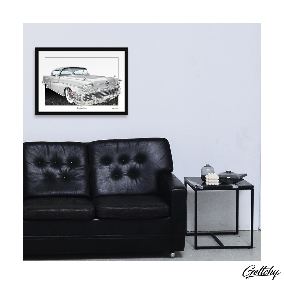 Geltchy | 1958 SILVER BUICK ROADMASTER LIMITED RIVIERA Gold Coast Motor Museum Classic Car  Memorabilia Collector Home Decor Automotive Vehicle Illustrated Framed Artwork Print 