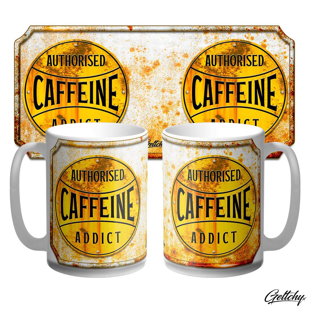 Geltchy | AUTHORISED CAFFEINE ADDICT Large 15oz Old School Garage Sign Illustrated Unique Coffee Mug designed and made in Australia