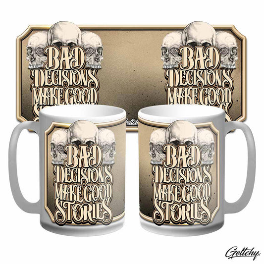 Geltchy | Geltchy BAD DECISIONS MAKE GOOD STORIES Large 15oz Old School Skull Typography Lettering Illustrated Unique Coffee Mug designed and made in Australia