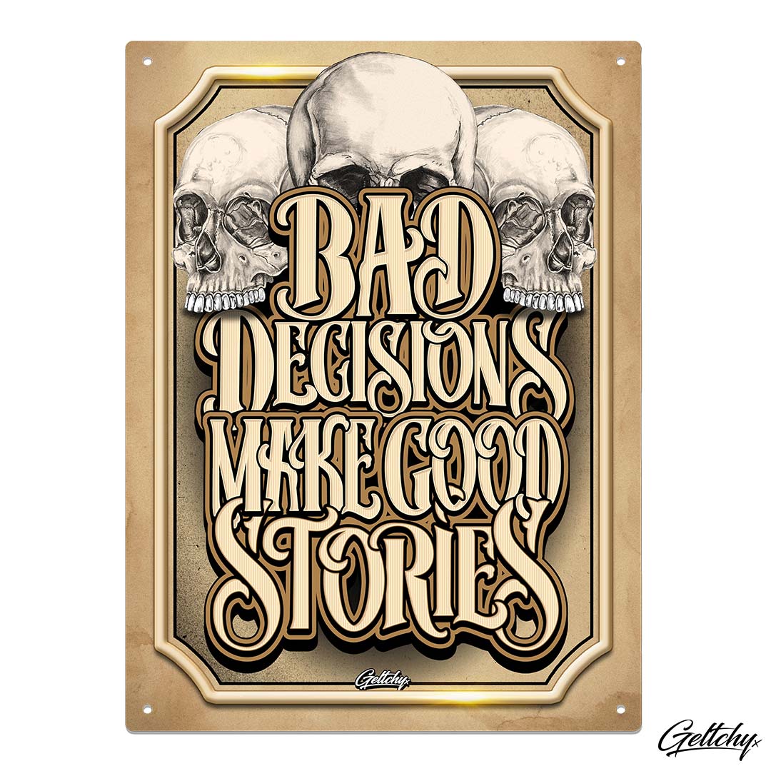 BAD DECISIONS Skull Man Cave Tin Sign