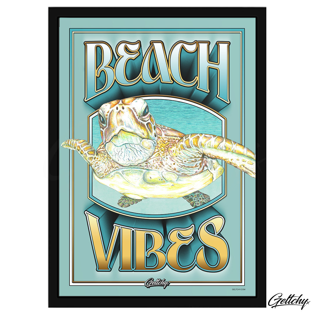 Geltchy | BEACH VIBES Ocean Inspired Sea Turtle Teal Visual Artwork and Typograhy Home Decor Framed Poster Print