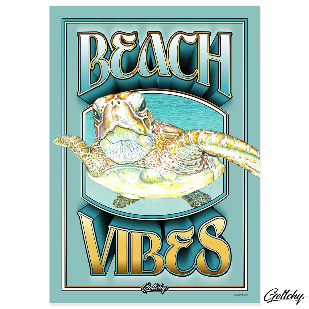 Geltchy | BEACH VIBES Ocean Inspired Sea Turtle Teal Visual Artwork and Typograhy Home Decor Poster Print